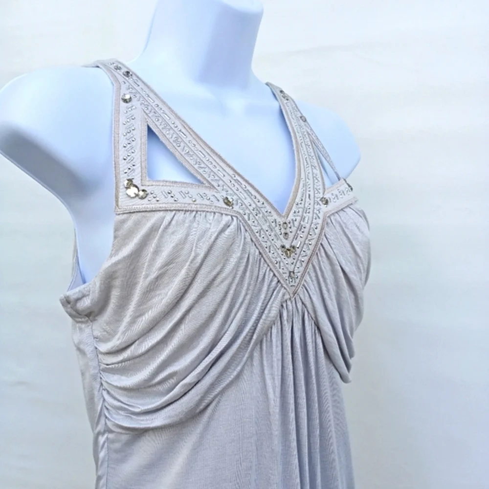 White House Black Market Sleeveless Draping Jeweled Top Jersey Ice Gray X Small - Picture 3 of 10